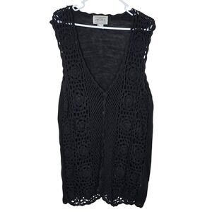 VTG Croquet Club Black Crochet Knit Sweater Vest Floral Ramie Cotton Large Boho